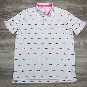 Scales Polo Shirt Mens Medium White Pink Fish All Over Print Performance Golf